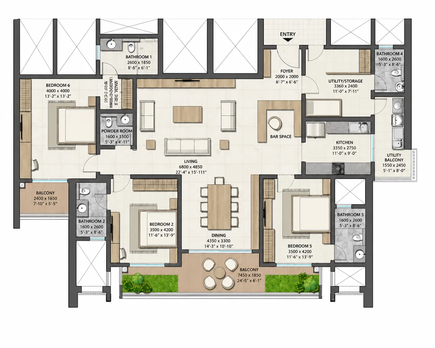 3 BHK Super Area floor plan — Sobha Aranya Phase-1