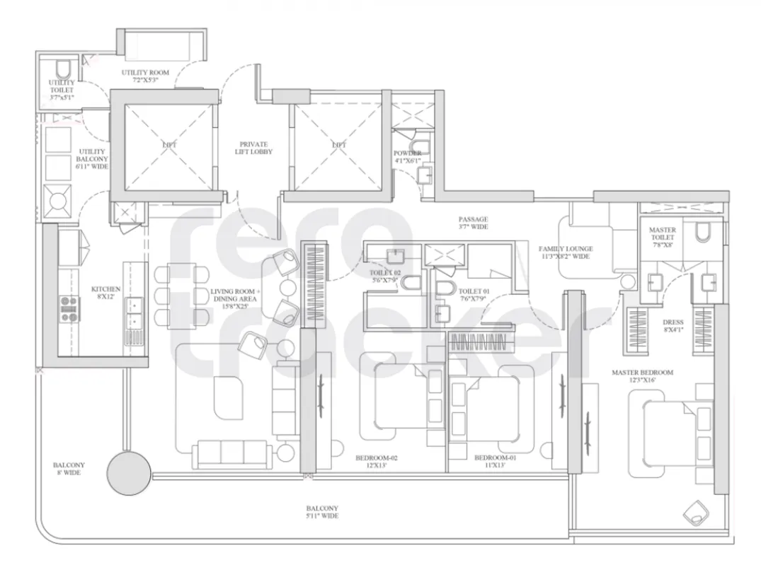3 BHK  floor plan — Smartworld Trump Residences