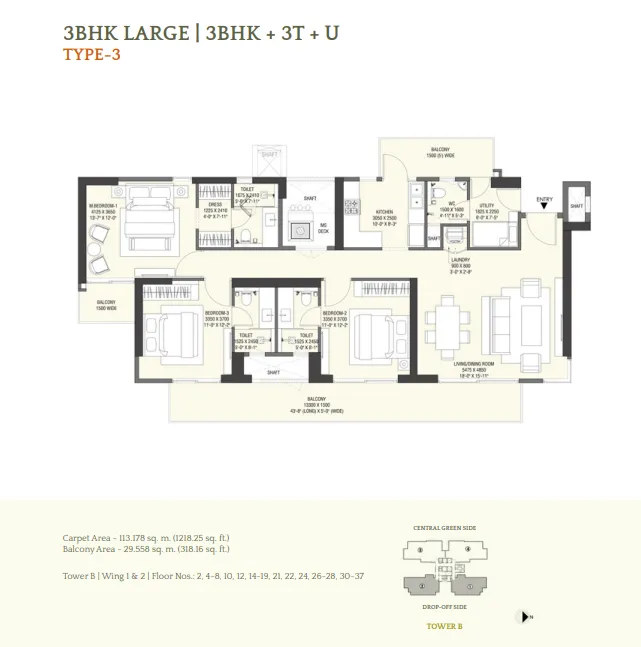 3 BHK Lower level floor plan — Emaar Serenity Hills Phase - 2