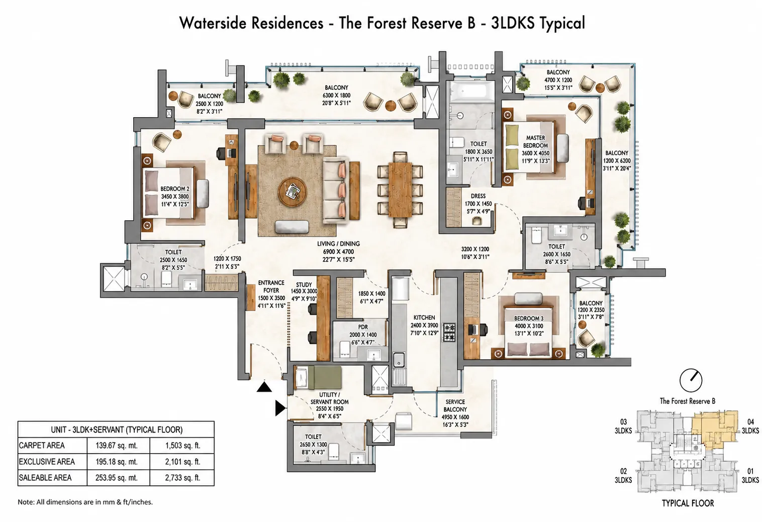 3 BHK  floor plan — Krisumi Waterside Residences The Forest Reserve Phase 1