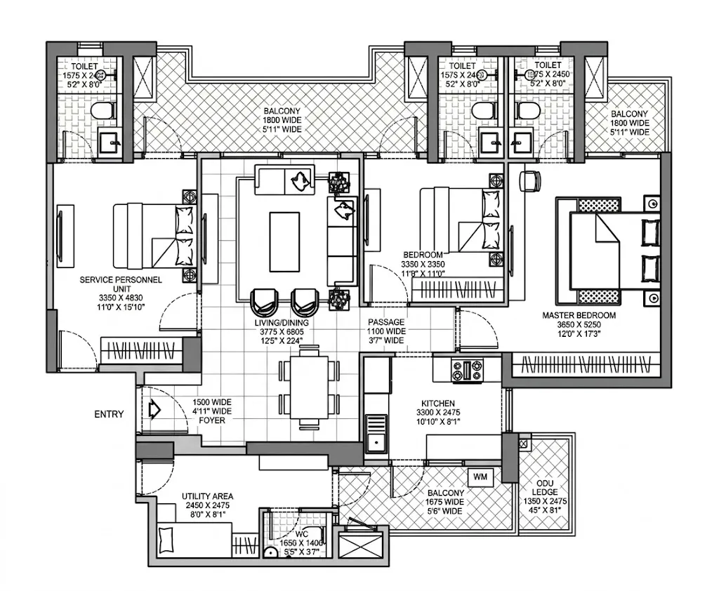 3 BHK Super Area floor plan — Emaar Urban Ascent
