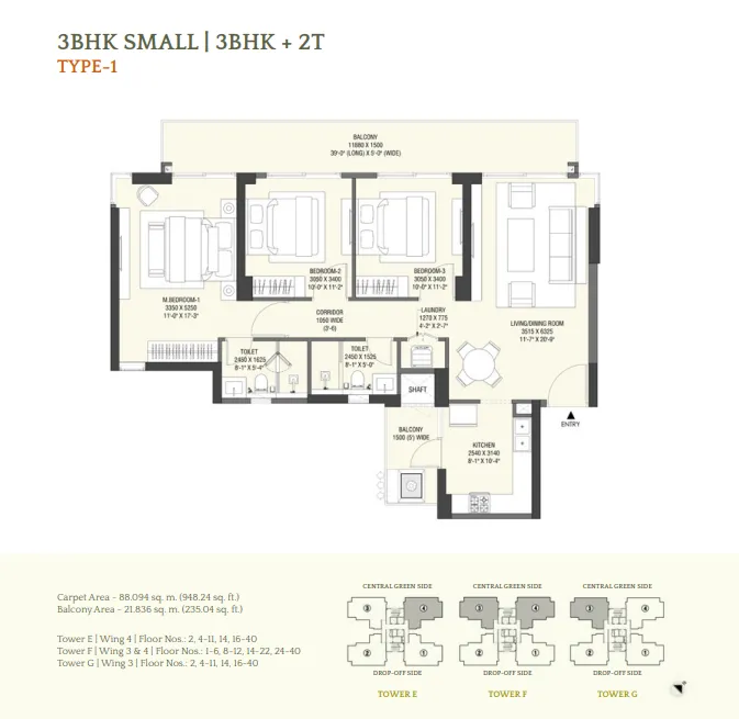 3 BHK (Small) Plan 1 floor plan — Emaar Serenity Hills Phase - 1