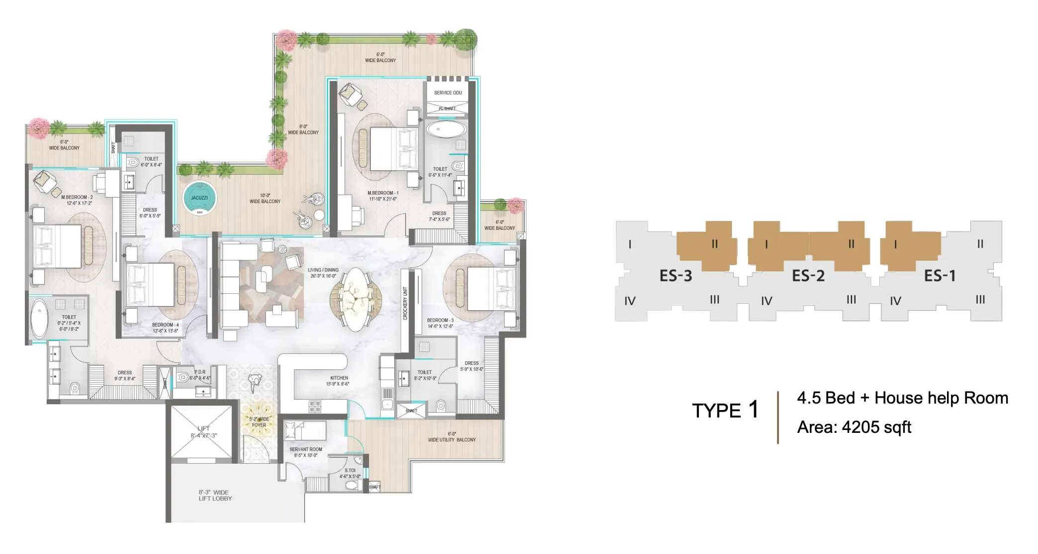 4 BHK + Utility Super Area floor plan — M3M Elie Saab