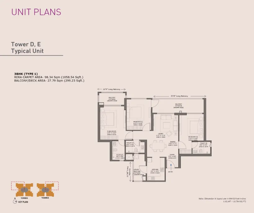 3 BHK Carpet Area floor plan — Birla Pravaah