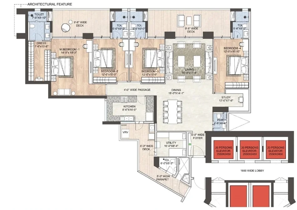 4 BHK + Utility 3956 floor plan — DLF The Arbour