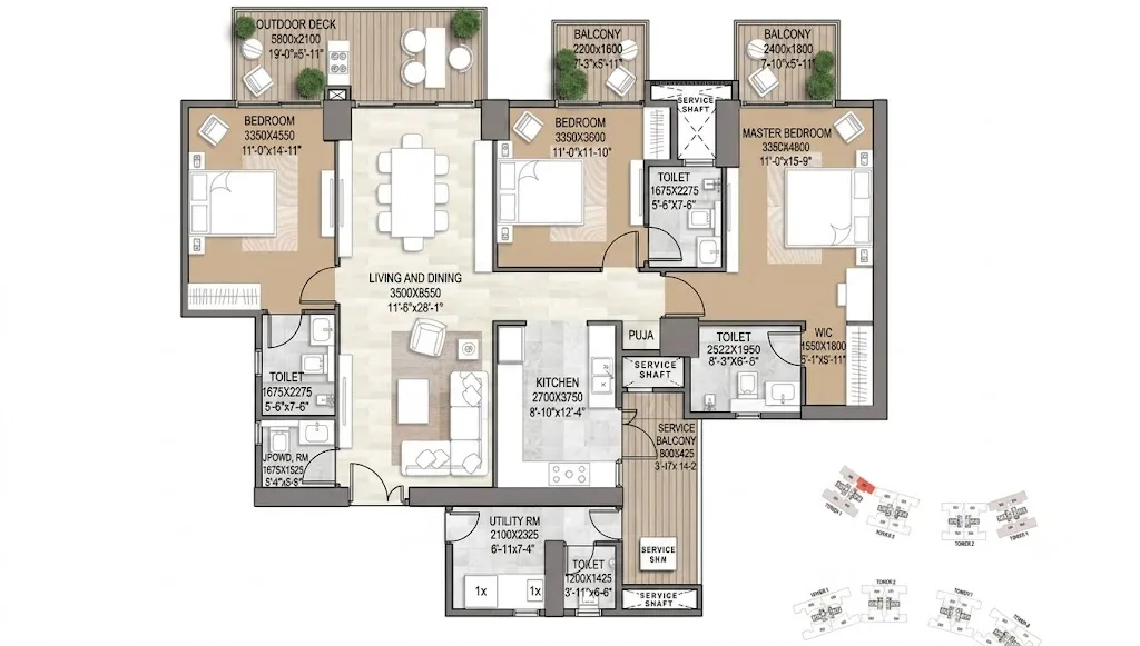 3 BHK  floor plan — Signature Global De-Luxe DXP