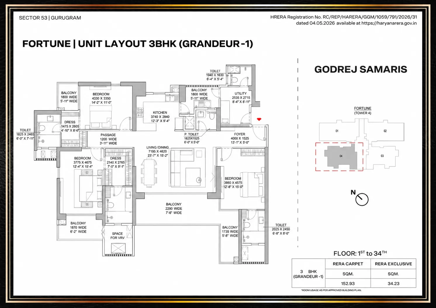 3 BHK + Utility Super Area floor plan — Godrej Samaris