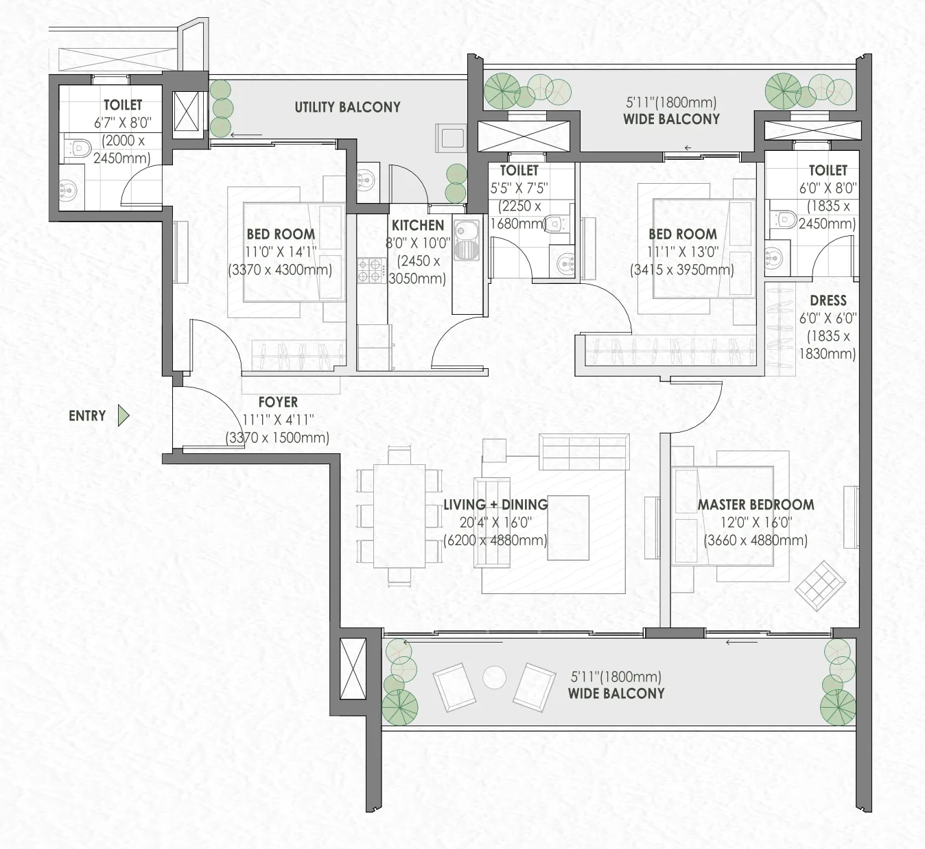 3 BHK Carpet Area floor plan — ELDECO FAIRWAY RESERVE