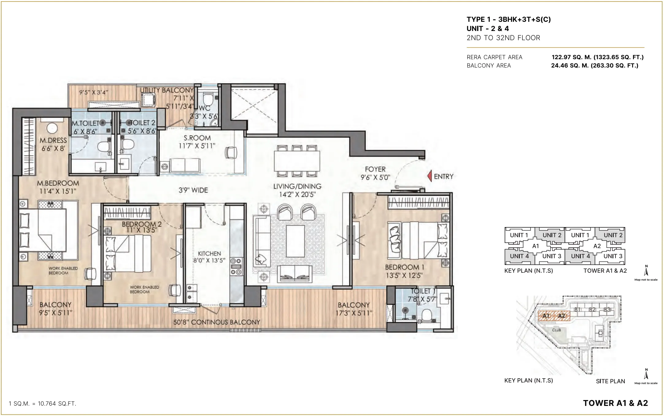 3 BHK + Study Super Area floor plan — Puri Diplomatic Residences