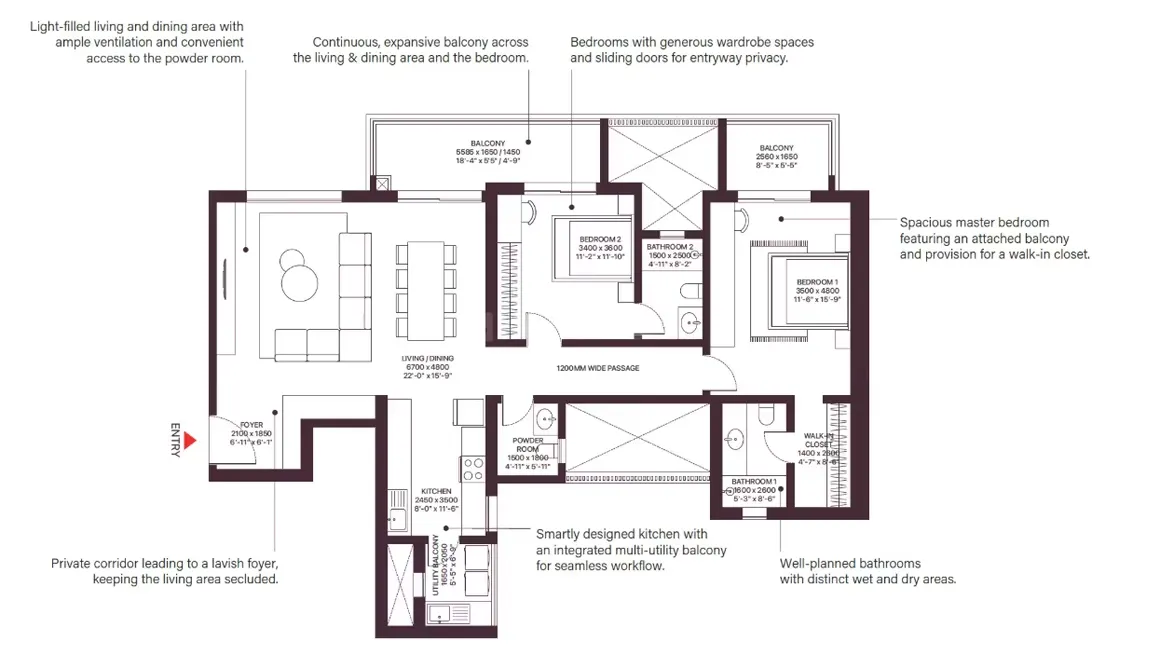 2 BHK Super Area floor plan — Sobha Crescent Phase - 1